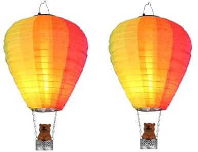Lot de 2 lampes solaires décoratives en montgolfière multicolores avec ours dans un panier, hauteur 44 cm