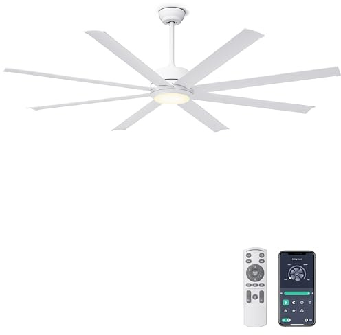 Ohniyou 182 cm Ventilador de Techo con Luz, Ventiladores Industrial Grande con Control Remoto y Aplicación, Silencioso, Motor CC Reversible, Blanco Moderno Ventilador Techo para Interior y Exterior