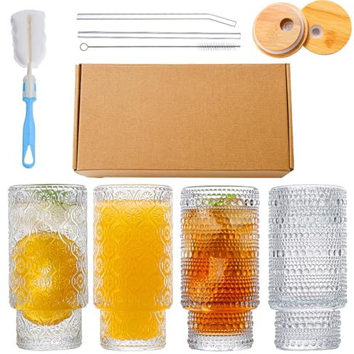 SFHKZCM Set of 4 Vintage Embossed Glass Mugs with Wooden Lids & Straws - Clear Coffee Glasses for Whiskey, Beer, Iced Coffee - with 2 Cleaning Brushes - Pub Style Tumblers for Home Bar