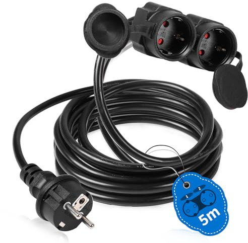 SWAWIS Verlängerungskabel Outdoor 5M 3500W Doppelstecker Außen mit Schutzkontaktstecker und Kupplung Schutzkappe Doppelsteckdose Stromkabel Außenbereich Verlängerung IP44 Wasserdicht, Schwarz