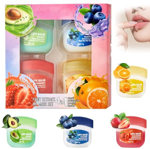 Fruity Lippenpflege Set 4 Stück, Feuchtigkeitsspendende Lippenmaske, Lip Treatment, Lip Sleeping Mask, Lippenbalsam für Sehr Trockene, Pflegendes Lippenpflege Geschenkset für Frauen & Mädchen