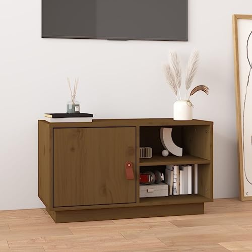 HaoChrymec TV-Schrank aus Massivholz Kiefer, mit Stauraum für DVDs und Spielekonsolen, Fernsehkommode, Sideboard Wohnzimmer, Honigbraun, 70 x 34 x 40 cm