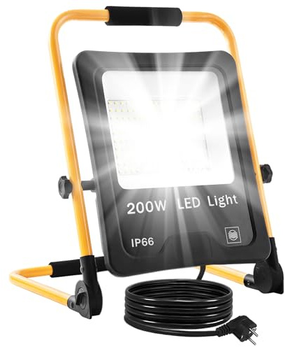YRHome 200W LED Baustrahler mit klappbarem Ständer Arbeitsleuchte mit Stecker Werkstattlampe Wasserdicht IP66 Baustellenlampe Tragbar für Werkstatt Wartung Baustelle Garten Garage - Kaltweiß