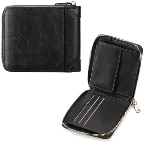 GAEKEAO Portafoglio Uomo, con Cerniera Perimetrale, Portacarte in Pelle con Protezione RFID, Portamonete Uomo con Tasca Bottone per Monete, 9 Scomparti per Carte, 1 Fessura per Contanti, 1 Finestra ID
