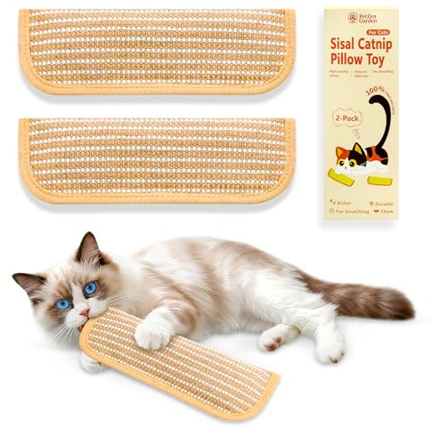 PetZen Garden Sisal Catnip Pillow Toy Kickers, 2 Pack Interactive Catnip Toys with Organic 8000mg Herbal Blend for Indoor Scratching, Chewing & Teething, Fun for Kittens and Adult Cats