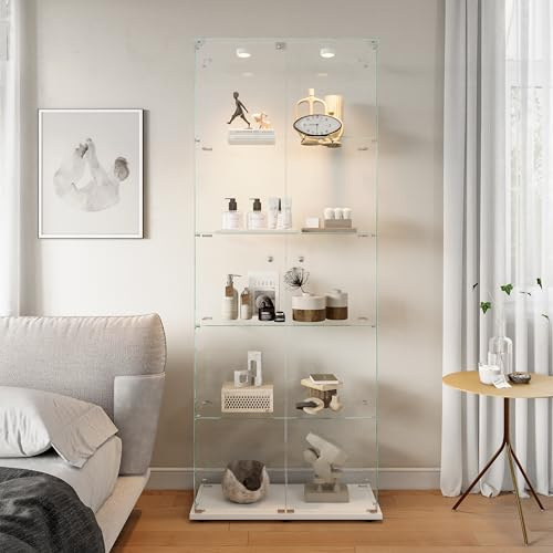 MIOOSUT Vitrina de vidrio, armario de colección moderno de vidrio de 5 capas, con luz LED multicolor, vitrina de colección, para artesanía, sala de estar, libros (blanco-A, 2 puertas, 5 estantes)