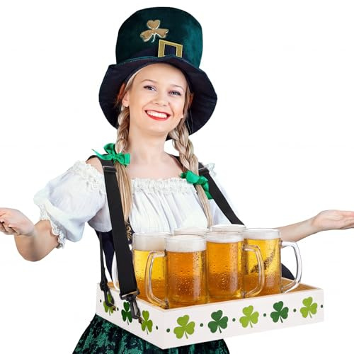 Tiangrid 1 Pcs St. Patrick's Day Serving Trays with Strap 15 x 10 x 3 Inch Clover Snack Trays Shamrock Decorative Platter Popcorn Drink Beverage Carrier for St Patricks Movie Night Party Supplies