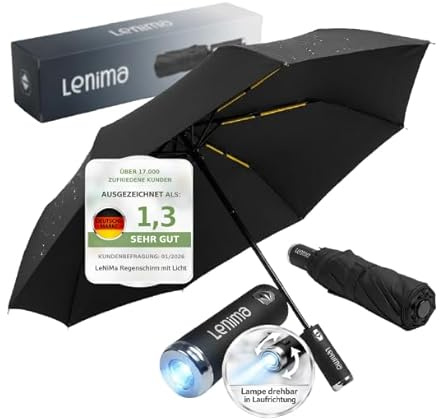 LeNiMa® Regenschirm mit Licht, sturmfest-130 km/h - Taschenschirm mit Auf-Zu-Automatik, klein, leicht & kompakt, windsicher, stabil, Lampe zum drehen in Laufrichtung