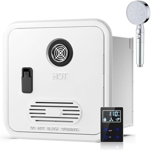 Camper Hot Water Heater, Electric RV Tankless Water Heater, With 16 X 16 Inches Door and Remote Controller, DC 12V, Best High Altitude Performance,Propane Gas,Easy Installation(White,With Shower Head)