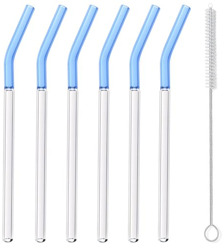 Confezione da 6 cannucce riutilizzabili in vetro borosilicato con spazzola per la pulizia, resistenti al calore per bevande calde e fredde, cannucce ecologiche per casa, bar, feste (celeste)