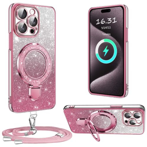 XCYYOO Cover Brillantini con Cordino per iphone 15 Pro Max,Custodia Trasparente Antiurto Silicone TPU con Laccio Tracolla Supporto Case,Cover con Collana per iphone 15 Pro Max,Rosa