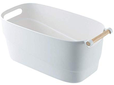 RyddeligHome Bathroom Storage Baskets, Box Organiser Container Bin With Wooden Handle, For Bathroom Kitchen Cupboards Cabinets Pantry Cleaning Caddy - Pack of 1, 9 Litre White Plastic