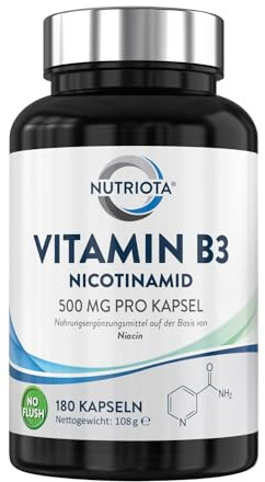 Vitamin B3 Nicotinamid 500 mg - 180 Hochdosiert Niacin-Kapseln ohne Flushing-Effekt (Flush Free) - Veganes Nicotinsäureamid Vitamin B3