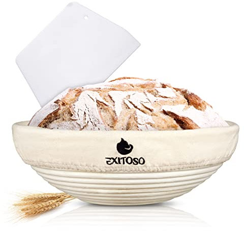 EXITOSO Cestino Lievitazione Pane Rotondo in Rattan 25cm - Panificazione di 1kg - Grande Cesto per Lievitazione - Ciotola per Impastare