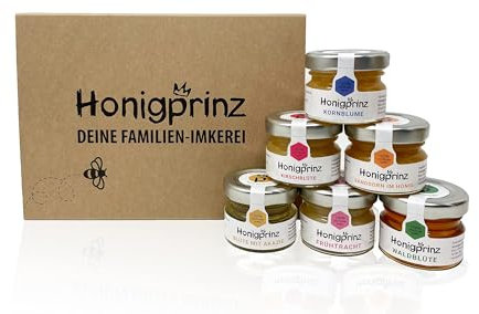 Honigprinz 28 g Honiggläser 6er Set - Familien-Imkerei - 100% Deutscher Honig - Probierset/Geschenk Set - Ideal zum Verschenken