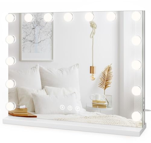 Dripex Miroir Maquillage Hollywood - 15 Ampoules LED, Lumineux 3 Modes, Luminosité Réglable, Contrôle Tactile, Port USB, Miroir Coiffeuse sur Table/sur Mur 58 x 45cm - Blanc