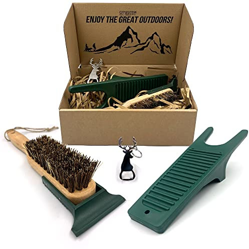 Boot Jack and Boot Brush Mud Remover Set, Boot Cleaning Kit Gift Set for Wellington, Hiking Shoes & Walking Boots, Durable Welly Boot Remover and Stiff Boot Cleaning Brush with Built-in Boot Scraper