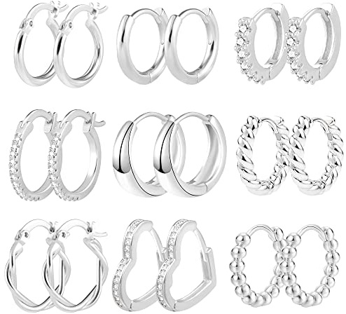 ALEXCRAFT Silver Hoop Örhängen Set, 9 par små Silver Hoop örhängen för kvinnor, Multipack med Zirconia Twist Heart Chunky Huggies Hoop Örhängen Piercing Broskörhängen Silver Hoop Örhängen Set