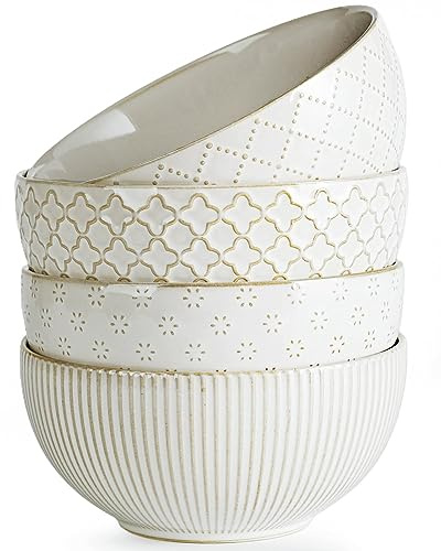 getstar Ceramic Soup Bowls, Cereal Bowl Set of 4 with Assorted Embossment (6.1 inch & 30 oz), Farmhouse Vintage Color Bowls for Kitchen