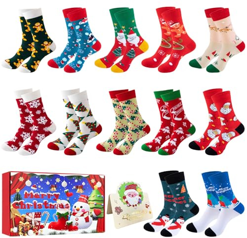 12 Paires de Chaussettes de Noël pour Femmes et Hommes - Motif Intéressant, Douces et Chaudes - Chaussettes en Coton pour l'Hiver