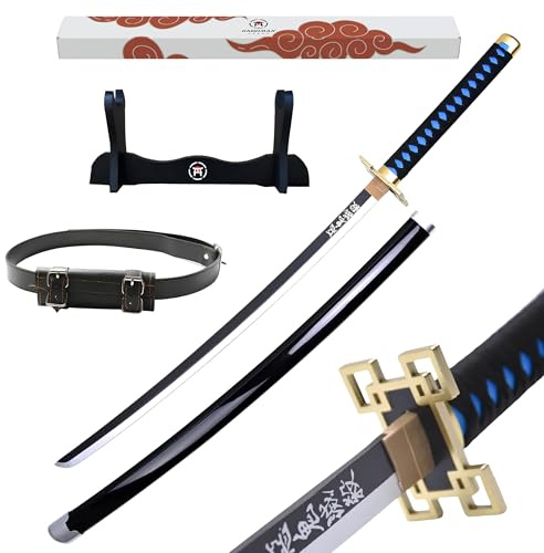 Hashiman Katana Demon replika manga sabel + svärdstativ trä + bälte - japansk catana cosplay dekoration leksak barn vuxen - Ninja deco utklädningsspel (Muichiro Tokito)