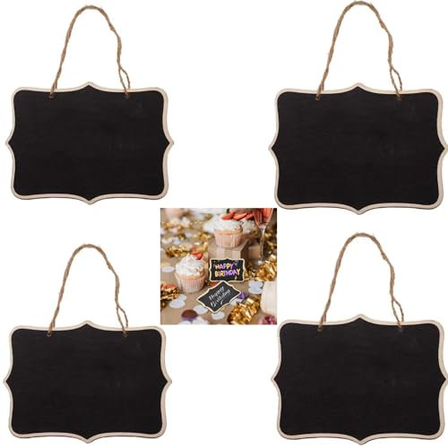Tableau Noir en Suspendu,4 Pièces Tableaux Noirs à Suspendre,16 x 12 cm,Mini Tableau Noir Effacable,Signes Petit Tableau Message avec Lanière,étiquettes de tableau noir