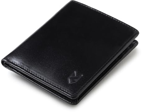 Smal dubbelvikt läderplånbok för män med hemlig dold ficka och myntficka, RFID-blockerande herrplånbok med separat sedelsektion, Crunch svart, 0.4 x 3.7 x 4.4 inches, Rfid plånbok
