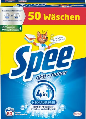 SPEE Aktiv Pulver Universal Vollwaschmittel 4 + 1 (50 Waschladungen), Waschpulver mit 4 + 1 Formel vereint Reinheit, Strahlkraft, Frische & Nachhaltigkeit, 20° - 95° C