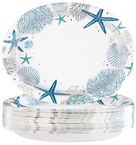 50Pcs Coastal Beach Oval Paper Plates 10 x 12 Large Heavy Duty Disposable Blue Ocean Coral Starfish Seashell Dinner Plates Summer Beach Paper Platters for Under the Sea Wedding Birthday Supplies