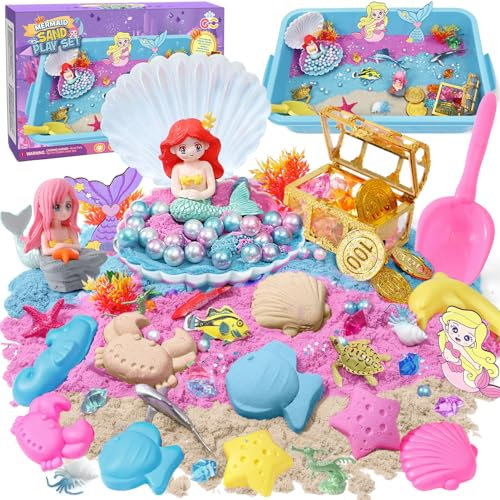 Sabbia Cinetica Set Bambini Sirena Sabbiera con 900g Magica Sabbia Giocattolo Sirene Figura Animali Marini Conchiglie Sabbiera Sensoriali Giochi Sabbia Regalo per Bambino 3 4 5 6 Anni