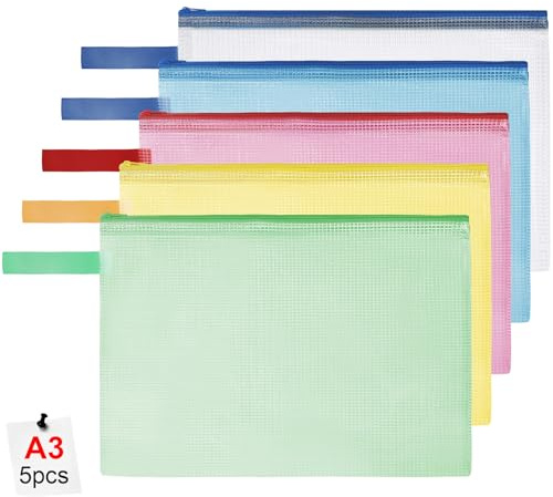 OFFCUP Dokutasche A3 5St Mesh Reißverschluss Griff Verdickt PVC | Wasserdichte Datei Tasche für Schule Zuhause Büro Reisen Kosmetika