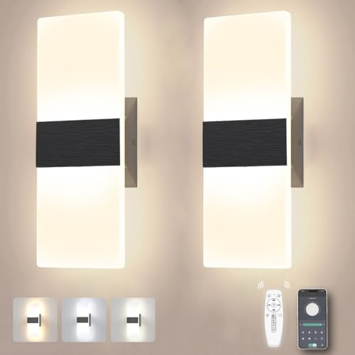 Sytmhoe 3CCT 12W Wandlampe dimmbar innen mit Fernbedienung APP 2er Set | 3000 K 4000 K 6000K umschaltbar für modern wohnzimmer schlafzimmer wohnung flur hotel, acryl gebürstet schwarz 230V AC 960 LM