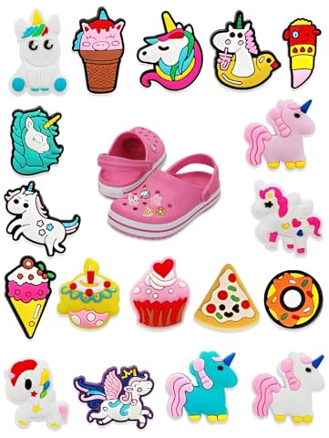 JUKOTA 18 Stück Cartoon-Dekoration für Crocs,Sommer Einhorn Schuhzubehör,DIY Anstecker für Kinder Clogs,Abnehmbare PVC Charms und Pins für Jungen und Mädchen