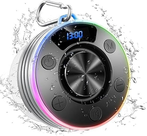 Bluetooth Shower Speaker, Portable Bluetooth Speaker with 360°HD Bass Sound, Built-in Mic, 8Hrs Playtime, IPX7 Waterproof Mini Speakers with Suction Cup Carabiner for Bathroom, Outdoor, Party, Gray