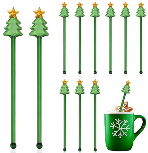 FoldTier 12 Pcs Christmas Glass Drink Stirrers 7 Inch Xmas Stir Sticks Reusable 3D Coffee and Cocktail Stirrers Hot Cocoa Bar Supplies for Holiday Party Favors (Christmas Tree)