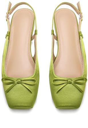 Lhamo Latso Women's Ballet Flats Slingbacks Square Toe Bow Knit Dressy Flat Shoes with Ankle Buckles Satin
