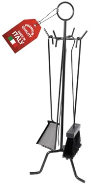 MOHOME Set Camino Attrezzi Kit 5 Utensili Durevoli Made in Italy 22x60 cm Resistenti al Calore Scopino Attizzatoio Paletta Pinza Portattrezzi Accessori Caminetto Stufa a Legna con Manici