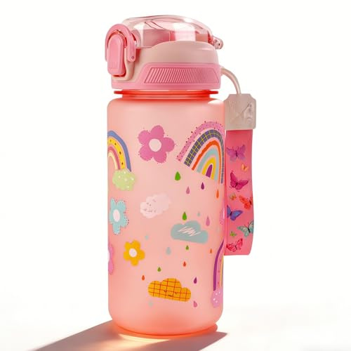 MHwan Barnflaska, 600 ml, Splittersäker och hållbar, Läckagesäker, BPA-fri, Öppning med ett tryck, Lätt att rengöra, Vattenflaska med sugrör, Lämplig för skola och utomhusbruk