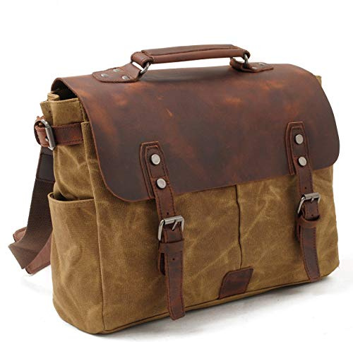 Messenger väska för män och kvinnor, vintage – canvas äkta läder 15 tum MacBook pro/14 tum laptop – väska axelväska för företag arbete skola högskola vardag