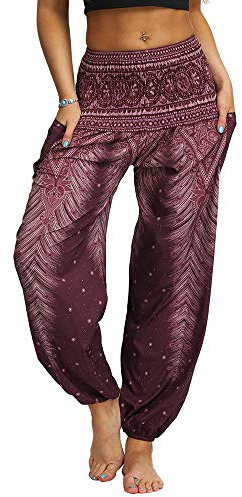 Nuofengkudu Femme Hippie Sarouel Harem Thai Pantalon Poches Boho Fleuri Print Taille Haute Baggy Casual Plage Leger Yoga Pants (Marron B,Taille Unique)