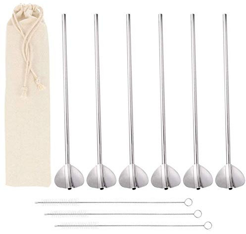 AILANDA 6Pcs Pailles avec Cuillère Paille Reutilisable Argent Paille Cocktail en Inox pour Cocktails Jus de Fruits Café Lait Sodas et Autres Boissons a Gelée