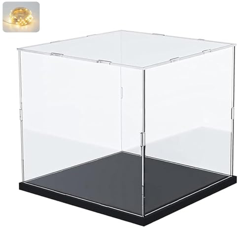 ELEpure Vitrine Acrylique pour Collection pour Lego 10309 21265 75328 76428 Helmet Figurine, Épaissie Boite Transparente Cube Vitrines et Rangements avec Lumière, Noir Intérieur 20x20x20cm