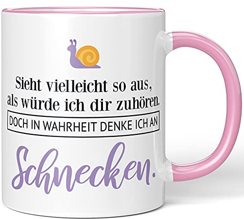 JUNIWORDS Tasse, Rosa, Keramik, Rund, 330 ml, Sieht vielleicht so aus, als würde ich dir zuhören. Doch in Wahrheit denke ich an Schnecken (1001511)