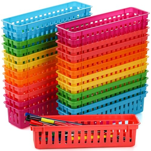 ZEAYEA 24 Pack Classroom Storage Baskets, Classroom Pencil Organizer Baskets for Desk, Drawer, Plastic Pen and Pencil Basket Trays, Crayon Basket for Office Home, 9.3 L x 2.2 W x 2.4 H