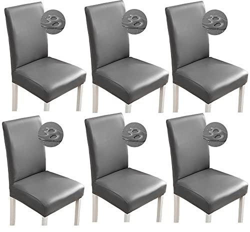 Bestenrose Stuhlhussen 6er/4er PU Leder Stuhlbezug wasserdichte Stretch Esszimmer Stuhlüberzug Stretch Stuhl Husse Universell Stuhlhussen Haus Büro Restaurant (6-Stück, Grau)