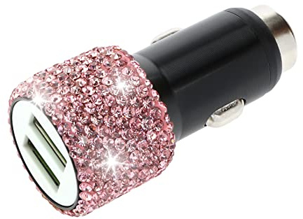 YINETTECH Auto Dual USB Schnellladegerät Sicherheitshammer Design Glänzende Kristalldekoration KFZ Ladeadapter Kompatibel mit Xs Max/XS/XR/X/7/8/6, Kompatibel mit Android, Pink