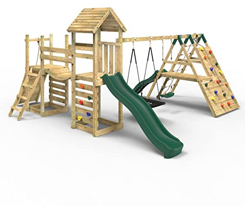 Rebo® Double Tower Climbing Frame with Flexible Bridge, Swing and Slide - San Luis | OutdoorToys | Kids' Outdoor Wooden Garden Play Equipment, Children's Jungle Gym