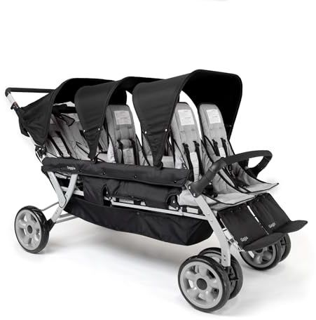 Gaggle By Foundations Jamboree 6-Sitzer-Kinderwagen für mehrere Kinder mit UV-blockierenden Verdecken, verstellbaren Sitzen, 5-Punkt-Sicherheitsgurt, kompakt zusammenklappbar, Parks Reisen, Schwarz