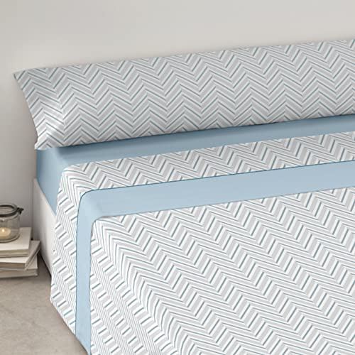 MERCURY TEXTIL – Juego Sábanas de Cama de Verano y Entretiempo. Estampadas 3 Piezas, Incluye Funda de Almohada + Encimera + Bajera Ajustable, 50% algodón/50% poliéster (Cama 135, Zig Zag Azul)