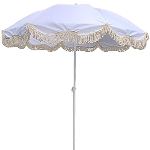 HZSCL Sombrilla De Lujo con Borla Blanca De 2m, Sombrilla De Playa Exterior, Mástil De Sombrilla Blanco Φ32mm, Sombrilla Redonda, Protección UV, Inclinable/Plegable, Sin Base